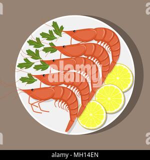 Gamberi con limone e erbe su piastra bianca, vista dall'alto. Frutti di mare. Illustrazione Vettoriale in stile piatto Illustrazione Vettoriale