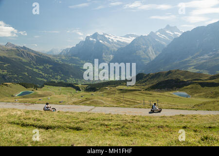 Due persone luging giù per la valle nella regione di Jungfrau delle alpi svizzere in estate Foto Stock