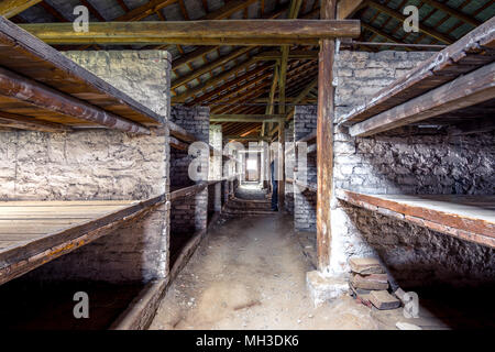 L'interno di un edificio di baracca che mostra il modo in cui i prigionieri sono stati alloggiati in letti a castello e toilette comuni al Campo di Concentramento di Auschwitz-Birkenau Foto Stock