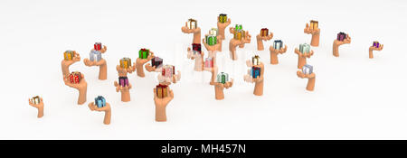 Numerose avvolto confezione regalo 3d, isolata su bianco Foto Stock