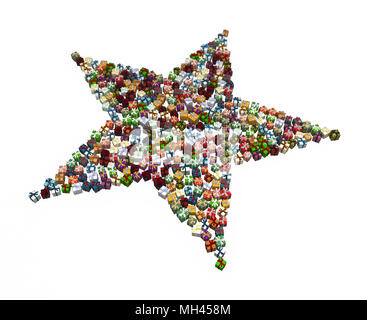 Numerose avvolto confezione regalo forma a stella 3d, isolata su bianco Foto Stock