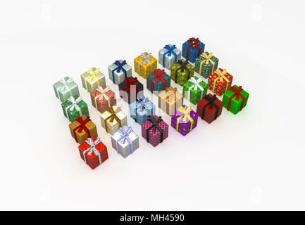 Numerose avvolto confezione regalo 3d, isolata su bianco Foto Stock