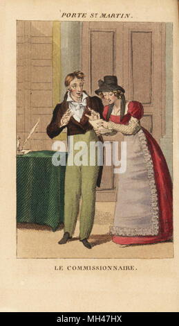 Attore francese Gobert e Marie Dorval nel melodramma Le Commissionnaire da de Boirie, La loue e Menissier presso il Teatro Porte San Martin, 1824. Handcolored incisione su rame da Charles Malo's Almanach des occhiali par K. Y. Z, Chez Louis Janet, Parigi, 1825. Foto Stock