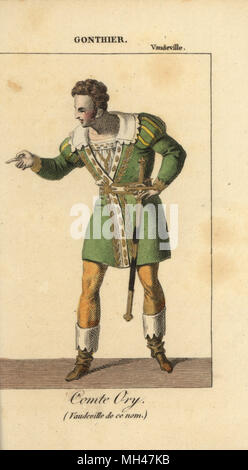 Attore francese Tonon Gontier (1785-1841) come Comte Ory nel vaudeville pezzo Le Comte Ory da E. Scribe e Delestre-Poirson presso il Theatre du Vaudeville, Parigi. Handcolored incisione su rame da Charles Malo's Almanach des occhiali par K. Y. Z, Chez Louis Janet, Parigi, 1819. Foto Stock