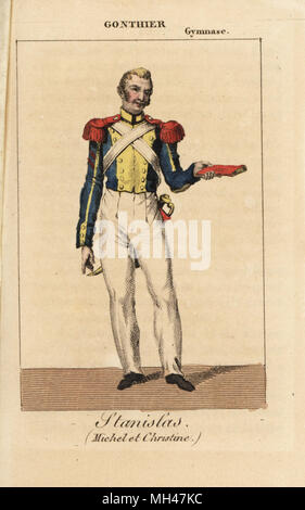 Attore francese Tonon Gontier (1785-1841) come Stanislas in Michel et Christine da Eugène Scribe presso il Theatre du Gymnase, 1821. Handcolored incisione su rame da Charles Malo's Almanach des occhiali par K. Y. Z, Chez Louis Janet, Parigi, 1823. Foto Stock