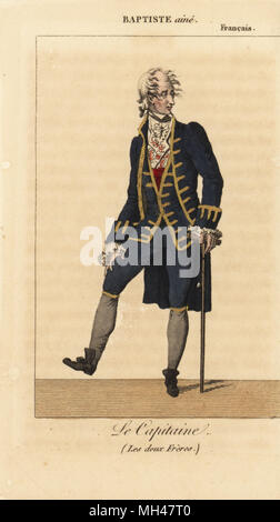 Attore francese Nicolas-Baptiste Anselme o Baptiste aine (1761-1835) come Le Capitaine a Les deux Freres presso la Comedie Francais. Handcolored incisione su rame da Charles Malo's Almanach des occhiali par K. Y. Z, Chez Louis Janet, Parigi, 1820. Foto Stock