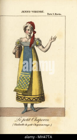 Attrice e cantante Jenny Vertpre (Francoise Fann Vausgien, 1797-1865) come Le petit chaperon nell'opera comica le petit chaperon rouge di Francois-Adrien Boieldieu presso il Theatre de la Porte San Martin. Handcolored incisione su rame da Charles Malo's Almanach des occhiali par K. Y. Z, Chez Louis Janet, Parigi, 1819. Foto Stock