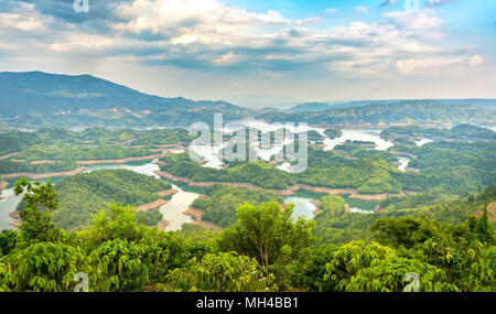 Sterco di Ta lago nel pomeriggio d'estate quando il sole splende giù sul lago e gli alberi sulla piccola isola paradiso. Foto Stock