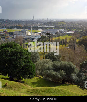 Auckland City paesaggio su una tempesta giorno visto da una collina dell'albero. In primo piano è di Alexandra park e Epsom. Sullo sfondo il Monte ed Foto Stock