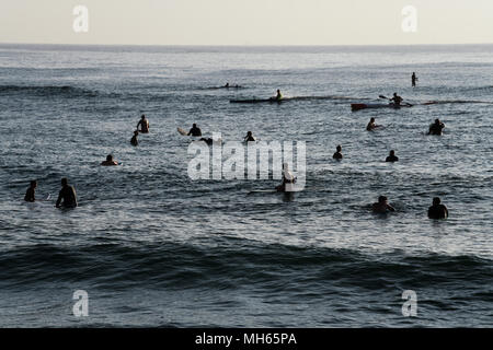 Durban, KwaZulu-Natal, Sud Africa, due uomini sul surf sci paddling, surfisti relax su tavole da surf in attesa di onde da cavalcare Foto Stock