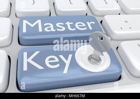 3D illustrazione della tastiera del computer con la stampa Master Key su due adiacenti di colore blu pallido, pulsanti e di una chiave inserita in uno di questi butons. Foto Stock