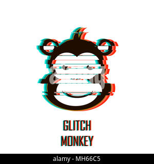 Gli Emoji monkey illustrazione con TV glitch effetto. Stile Cartoon icona vettore. Foto Stock