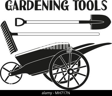 In bianco e nero la cura del giardino toolls silhouette set. La pala, rastrello e carriola attrezzo giardino illustrazione vettoriale carta regalo adesivo certificato, badge, Illustrazione Vettoriale