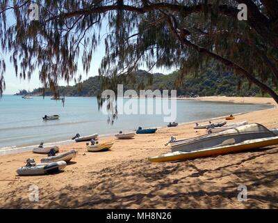 Magnetic Island, Queensland, Australia: Agosto 31, 2017: Barche in appoggio su una bella spiaggia sabbiosa guardando attraverso gli alberi su un isola Foto Stock