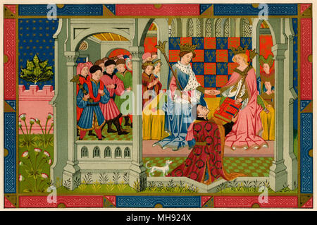 Enrico VI e la sua regina Margherita di Anjou, ricevere un libro da John Talbot Conte di Shrewsbury, 1400s. Stampa Litografia a colori Foto Stock