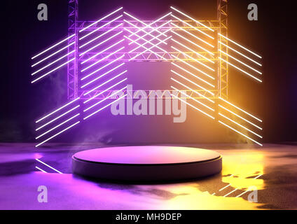 Concerto di vuoto piattaforma per il product placement con incandescente tubo al neon luci viola e arancione. 3D'illustrazione. Foto Stock