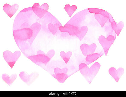 Grande cuore rosa circondato con piccoli cuori. La pittura ad acquerello, sfondo Foto Stock