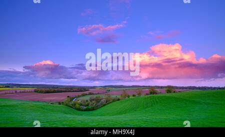 Tempestoso tramonto in primavera che si affaccia sulla valle di Hambledon e il South Downs da vicino la zappa Cross, Hampshire, Regno Unito Foto Stock