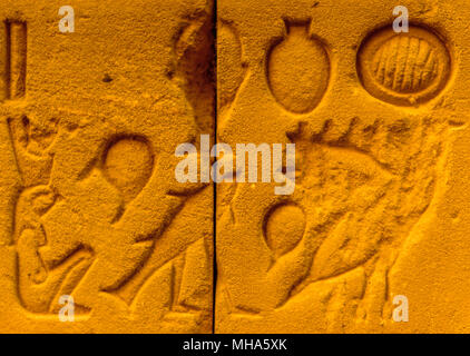 Geroglifici egiziani sulla parete di un tempio Foto Stock