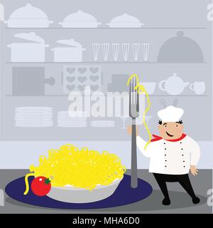 Happy cook con il cappello in uniforme. Lo chef con la pasta sulla piastra. Illustrazione Vettoriale. Illustrazione Vettoriale