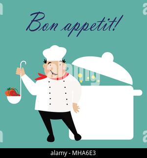 Happy cook con il cappello in uniforme con pentola di zuppa. Illustrazione Vettoriale. Illustrazione Vettoriale