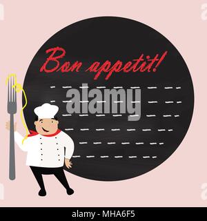 Happy cook con il cappello in uniforme. Chef con grande forcella. Illustrazione Vettoriale. Illustrazione Vettoriale