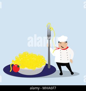 Happy cook con il cappello in uniforme. Lo chef con la pasta sulla piastra. Illustrazione Vettoriale. Illustrazione Vettoriale