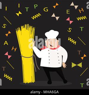 Happy cook con il cappello in uniforme. Lo chef con gli spaghetti e maccheroni. Illustrazione Vettoriale