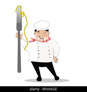 Happy cook con il cappello in uniforme. Chef con grande forcella. Illustrazione Vettoriale. Illustrazione Vettoriale