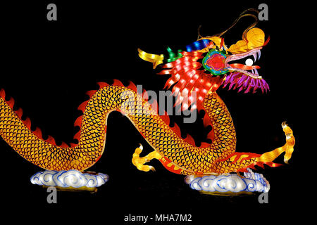 Immagine di un drago contro puro sfondo nero sulla Cina festival delle luci, 10 dicembre 2014, Anversa, Belgio. Foto Stock