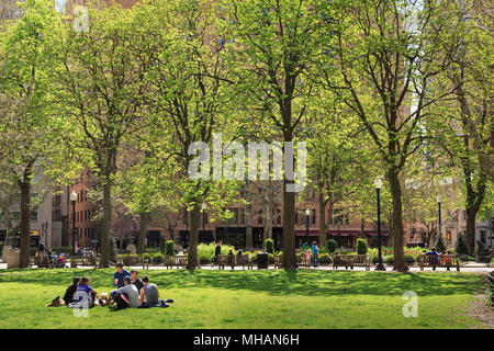 Studenti e amici in Rittenhouse Square, un giardino e un parco nel centro cittadino di Philadelphia in primavera , Philadelphia, Pennsylvania, STATI UNITI D'AMERICA Foto Stock