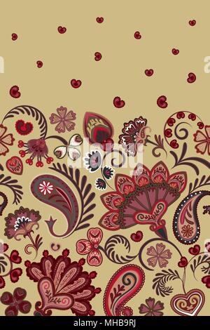 Bordo floreale indiano Paisley Patten. Ornamento perfetta stampa. Mandala etnici asciugamano. Vettore stile henné. Vinoso sul beige Illustrazione Vettoriale