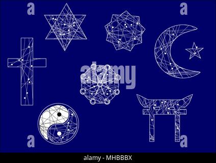 Simboli della religione su sfondo blu Illustrazione Vettoriale