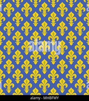 Royal gigli araldici (fleur-de-lys) - azure cerulean bleu, seamless pattern di velluto, sfondo. Illustrazione Vettoriale