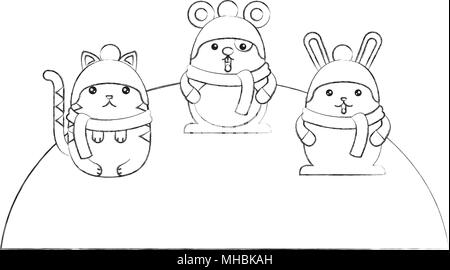 Simpatici animali indossando un cappello e sciarpa cartoon kawaii illustrazione vettoriale schizzo Illustrazione Vettoriale