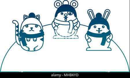 Simpatici animali indossando un cappello e sciarpa cartoon kawaii illustrazione vettoriale Illustrazione Vettoriale