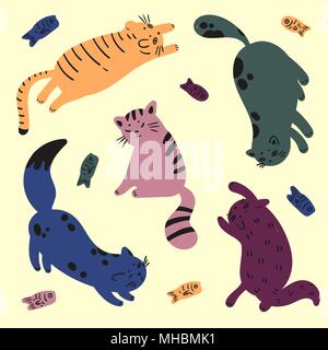 Cinque gatti colorati stanno giocando con il pesce. Catfood Illustrazione Vettoriale