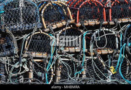 Una grande pila di aragosta bicchieri impilati su una banchina che mostra il quadro e la copertura di rete di vasi Foto Stock