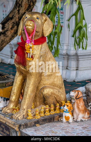 Sculture di cani al tempio buddista di Wat ketkaram a Chiang mai, Thailandia del Nord Foto Stock