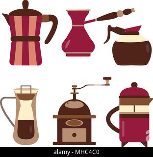 Gocciolatoio per l'infusione di caffè metodi icone. Macchine per il caffè e dispositivi quali mulino macinatore retrò, turco pot, cezve, caffettiera per la casa, bar o ristorante Illustrazione Vettoriale