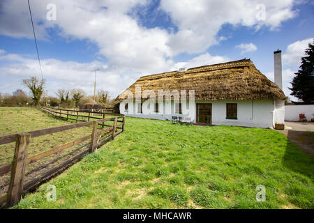 Grande pittoreschi cottage con il tetto di paglia con il tetto di paglia della paglia nella contea di Meath in Irlanda Foto Stock