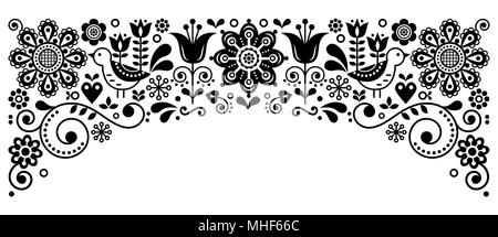 Scandinavian arte folcloristica a bordo del frame vettore retrò greeting card design, floreale in bianco e nero ornamento con birs e fiori Illustrazione Vettoriale