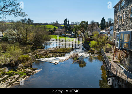 Il fiume Wye fluente attraverso Rhayader con St Chiesa sposa in background. La contea di Powys Wales UK Aprile 2018 Foto Stock