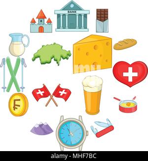 Switzerland Travel set di icone, stile cartoon Illustrazione Vettoriale