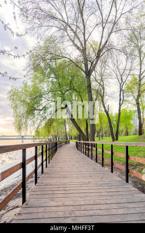 Il Footbridge, vicino al fiume Dnieper, nel parco Natalka a Kiev, Ucraina, durante un nuvoloso mattina di primavera Foto Stock