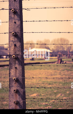 Elettrico fili spinati tedesco del campo di lavoro e sterminio nazista eredità di mondo Auschwitz Birkenau, Polonia Foto Stock