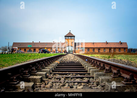 Cancello principale al campo di concentramento nazista di Auschwitz Birkenau con il treno, Polonia Foto Stock