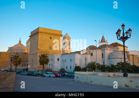 Chiesa di Santa Cruz, Torre del Sagrario, cattedrale e altri edifici su Avenue Campo del Sur, Cadice, Andalusia, Spagna Foto Stock