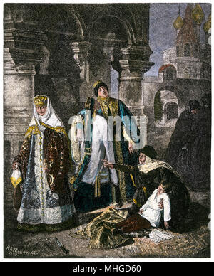 Lo Zar Ivan IV (terribili) dopo aver ucciso il suo figlio, Ivan. Colorate a mano la xilografia Foto Stock