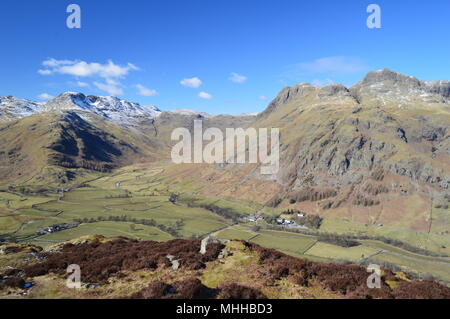 Grande Langdale, Lake District. Langdale Pikes e Bowefell Foto Stock